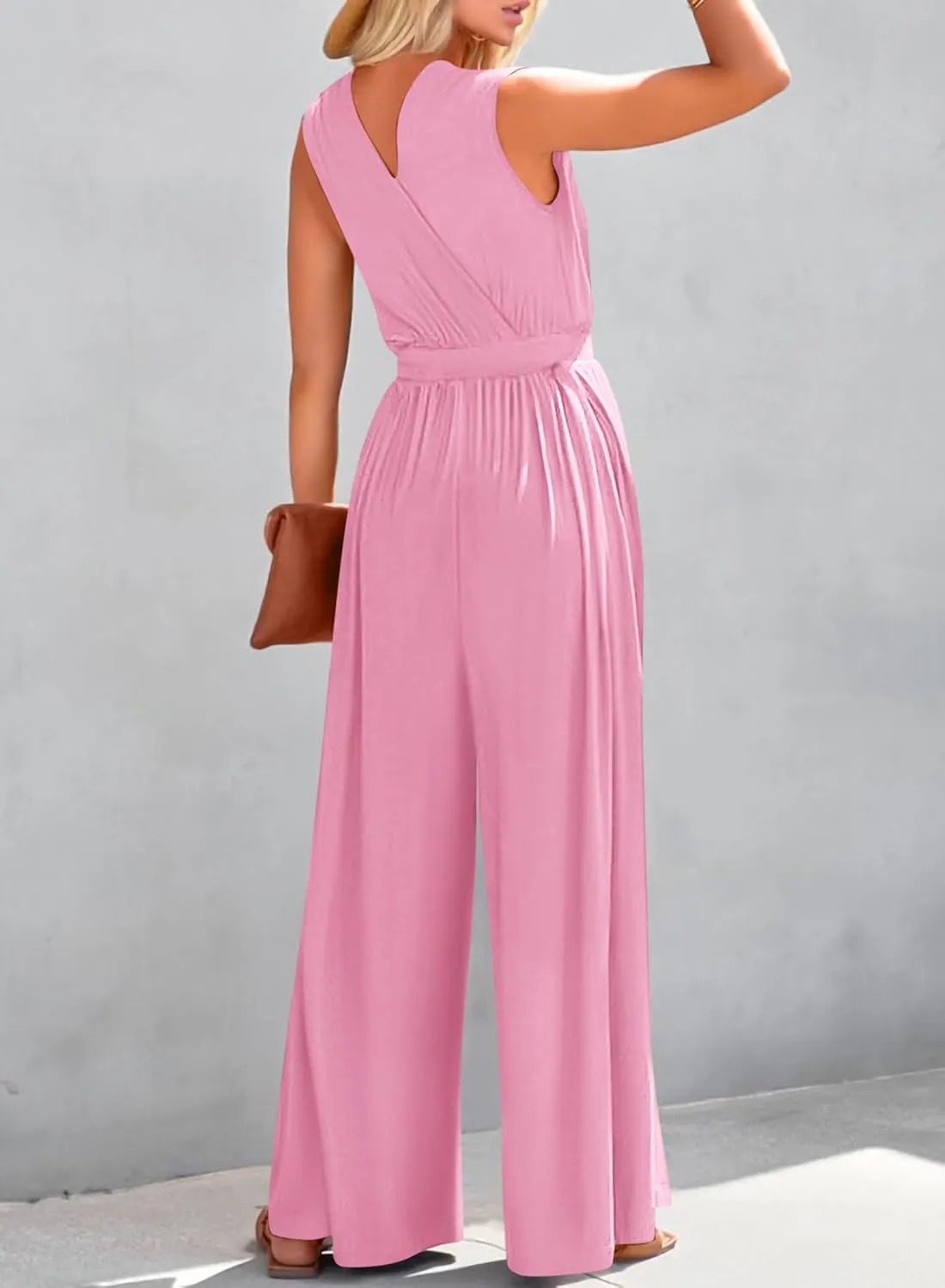 KIRUNDO Jumpsuits For Women Summer Dressy Casual One Piece Sleeveless Wrap V Neck Wide Leg Pants Romper With Pockets