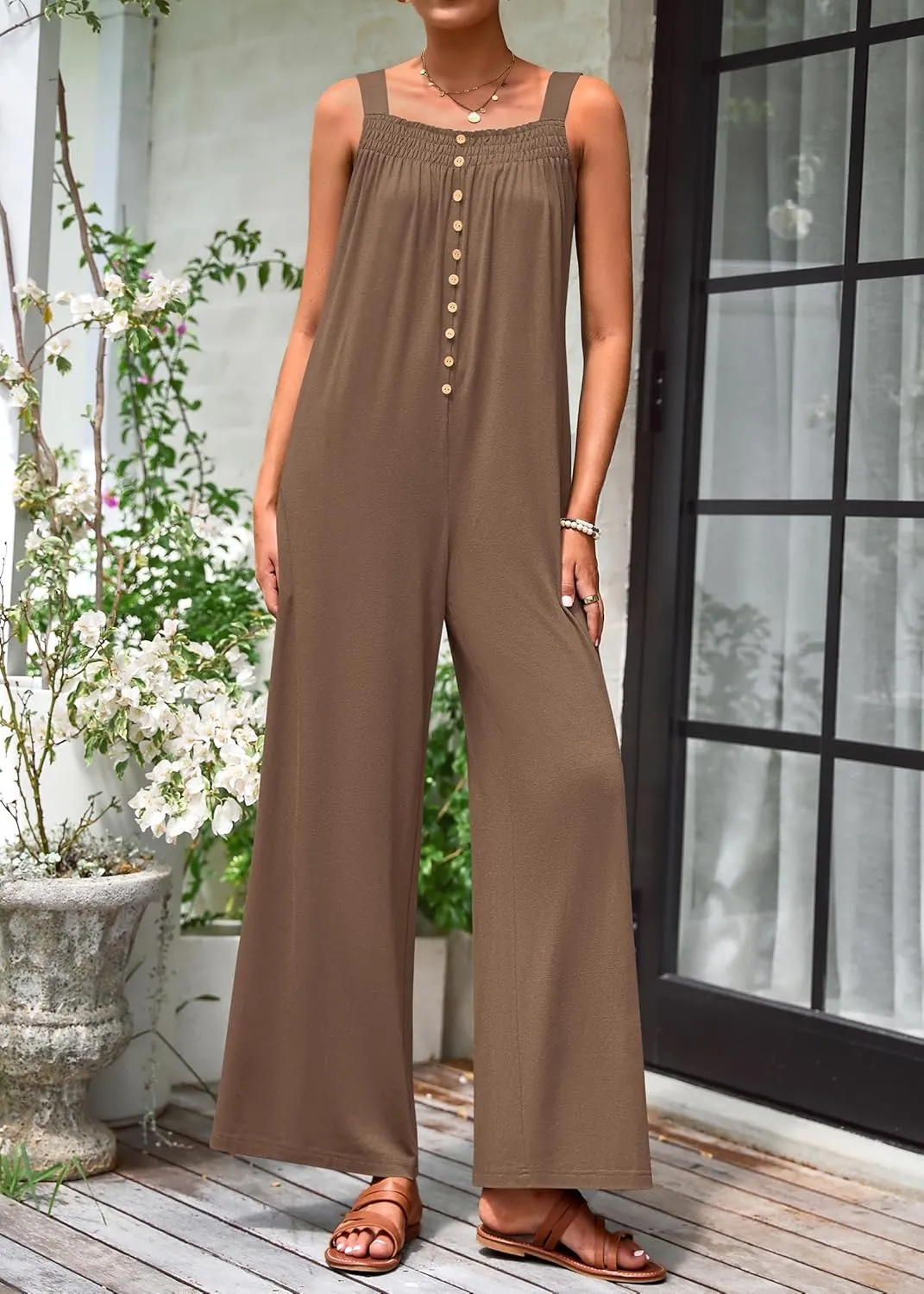 KIRUNDO Summer One Piece Jumpsuits For Women 2025 Casual Loose Button Sleeveless Romper Knit Wide Leg Overalls With Pockets