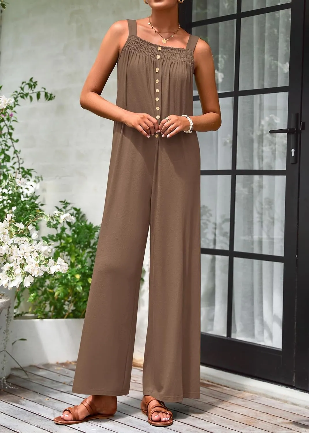 KIRUNDO Summer One Piece Jumpsuits For Women 2025 Casual Loose Button Sleeveless Romper Knit Wide Leg Overalls With Pockets
