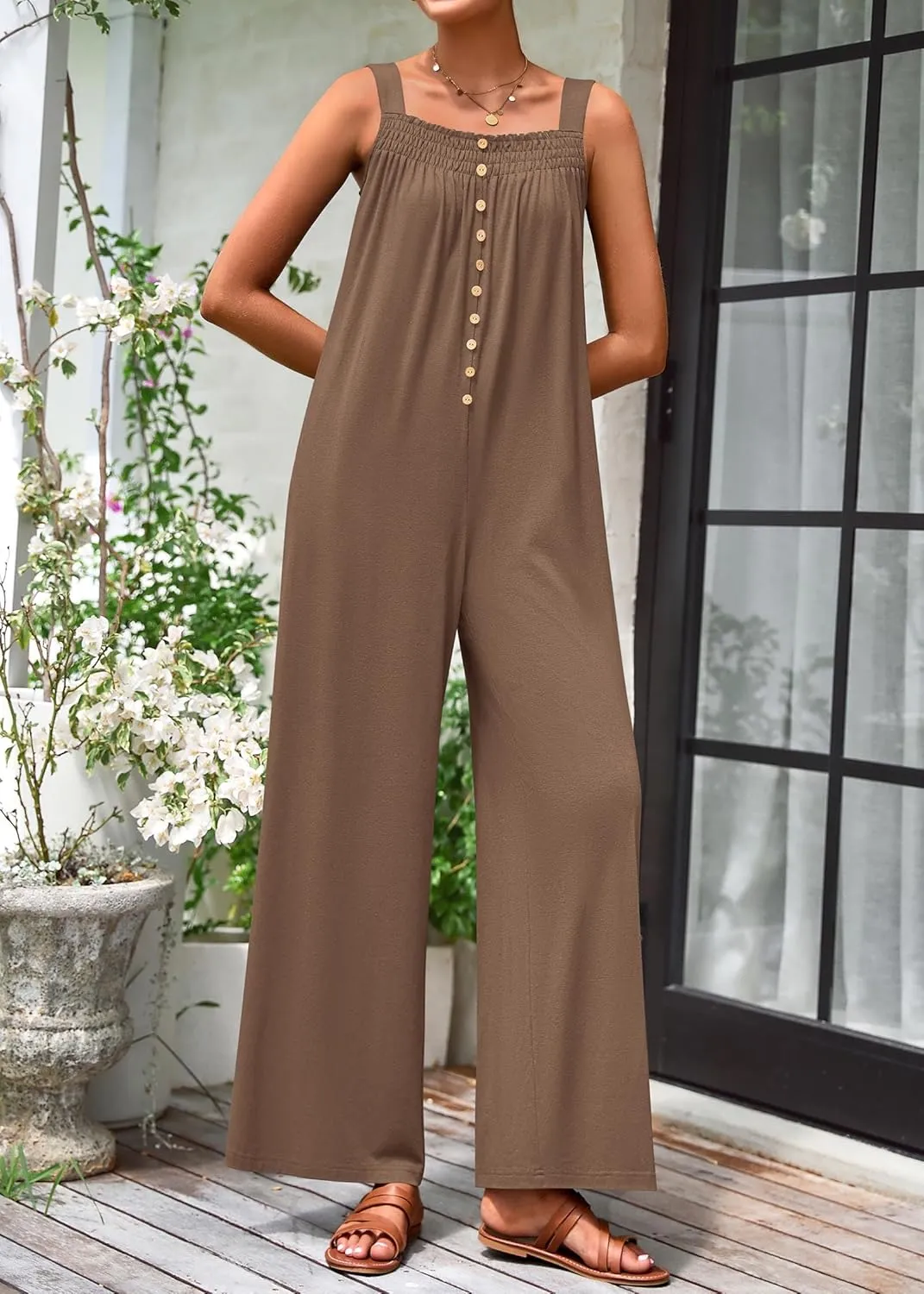 KIRUNDO Summer One Piece Jumpsuits For Women 2025 Casual Loose Button Sleeveless Romper Knit Wide Leg Overalls With Pockets