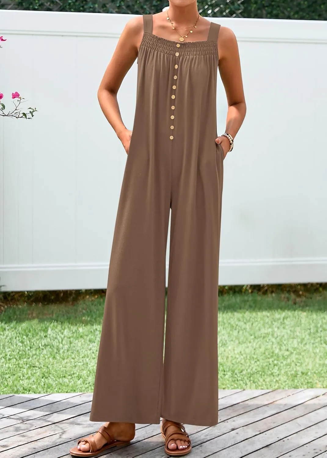 KIRUNDO Summer One Piece Jumpsuits For Women 2025 Casual Loose Button Sleeveless Romper Knit Wide Leg Overalls With Pockets