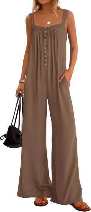 KIRUNDO Summer One Piece Jumpsuits For Women 2025 Casual Loose Button Sleeveless Romper Knit Wide Leg Overalls With Pockets