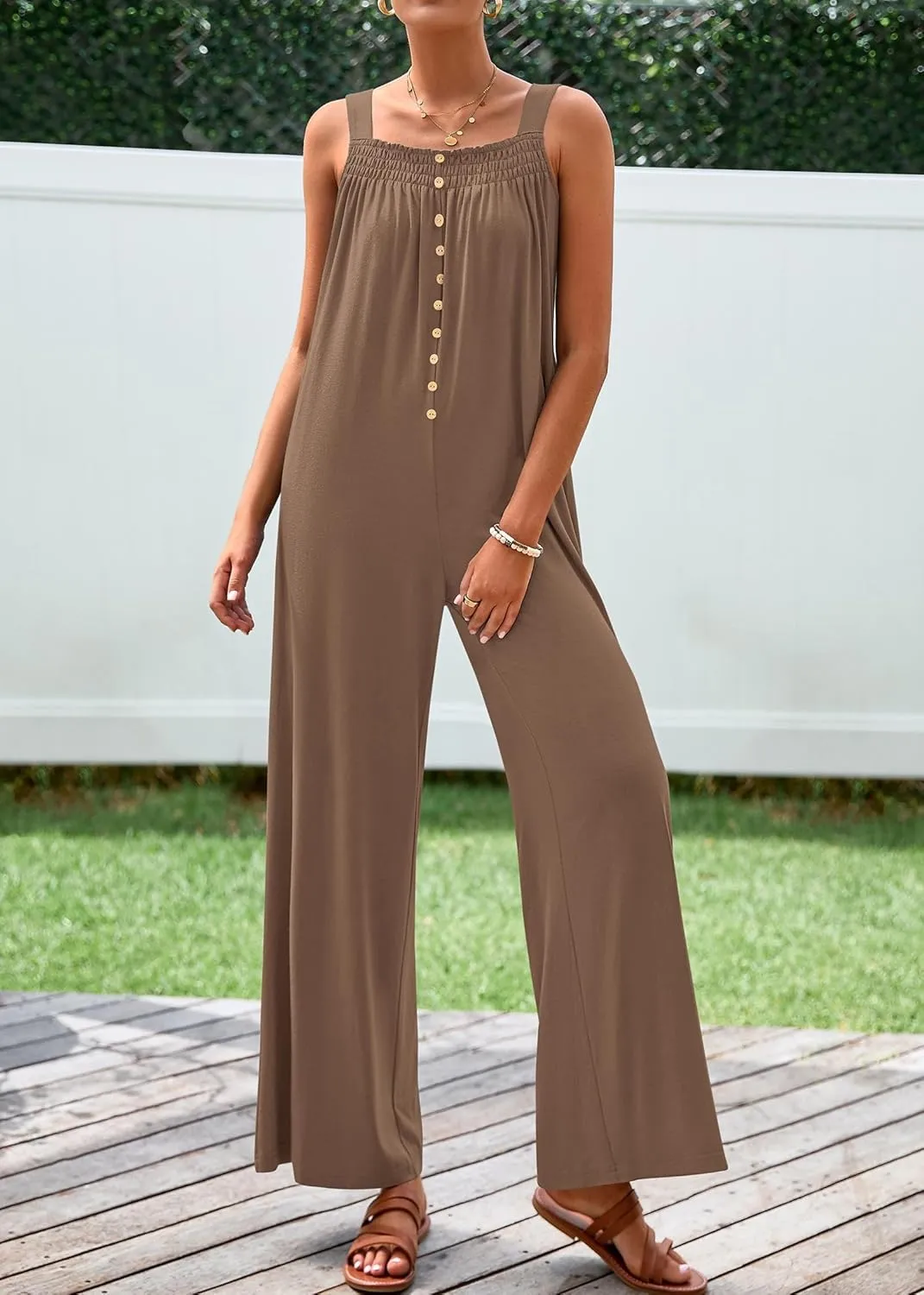 KIRUNDO Summer One Piece Jumpsuits For Women 2025 Casual Loose Button Sleeveless Romper Knit Wide Leg Overalls With Pockets