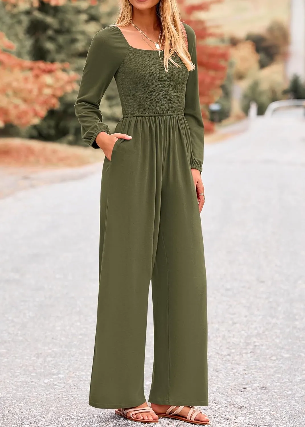 KIRUNDO Women 2025 Spring Fashion Long Sleeve Jumpsuits Casual Dressy One Piece Loose Smocked Wide Leg Pants Romper Pockets