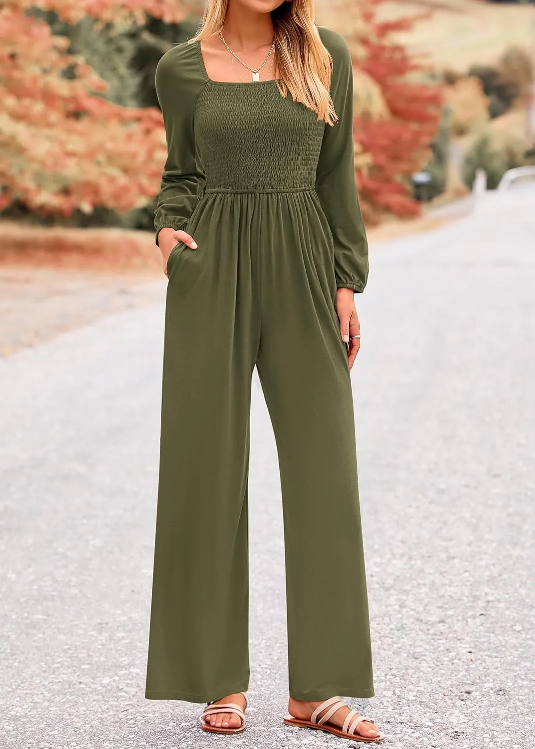 KIRUNDO Women 2025 Spring Fashion Long Sleeve Jumpsuits Casual Dressy One Piece Loose Smocked Wide Leg Pants Romper Pockets
