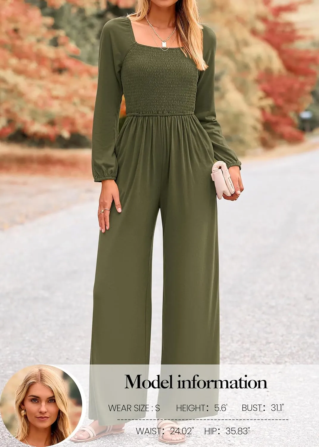 KIRUNDO Women 2025 Spring Fashion Long Sleeve Jumpsuits Casual Dressy One Piece Loose Smocked Wide Leg Pants Romper Pockets