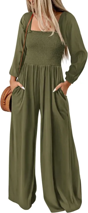 KIRUNDO Women 2025 Spring Fashion Long Sleeve Jumpsuits Casual Dressy One Piece Loose Smocked Wide Leg Pants Romper Pockets