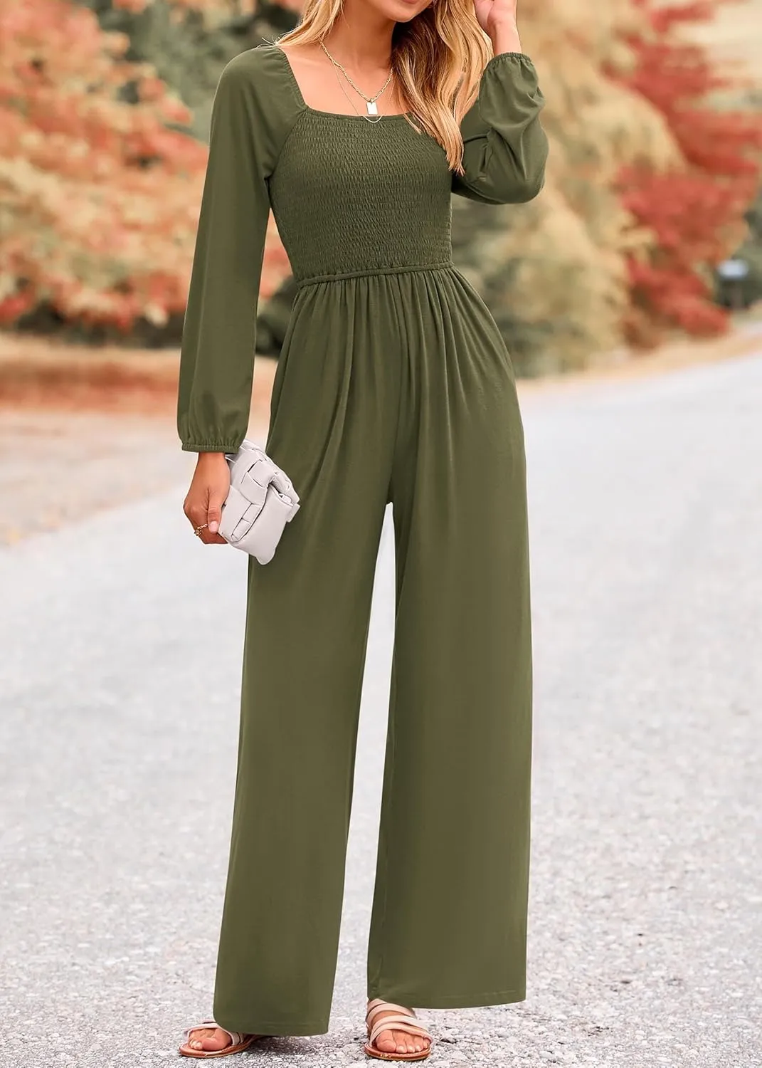 KIRUNDO Women 2025 Spring Fashion Long Sleeve Jumpsuits Casual Dressy One Piece Loose Smocked Wide Leg Pants Romper Pockets