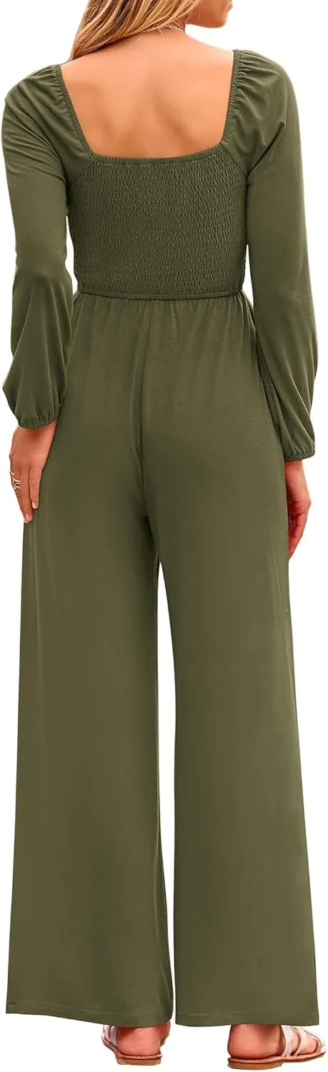 KIRUNDO Women 2025 Spring Fashion Long Sleeve Jumpsuits Casual Dressy One Piece Loose Smocked Wide Leg Pants Romper Pockets