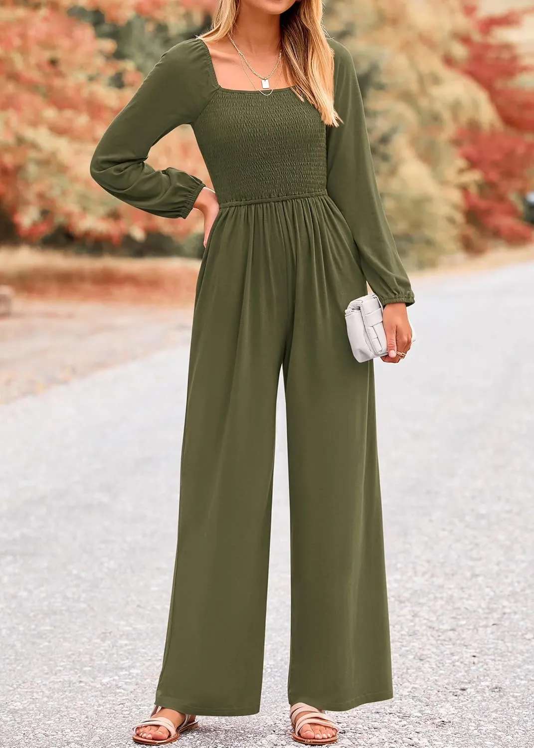 KIRUNDO Women 2025 Spring Fashion Long Sleeve Jumpsuits Casual Dressy One Piece Loose Smocked Wide Leg Pants Romper Pockets