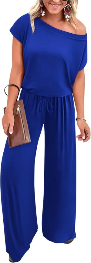 KIRUNDO Womens Jumpsuit 2025 Casual Summer Loose One Piece Off Shoulder Elastic Waist Wide Leg Long Romper with Pockets