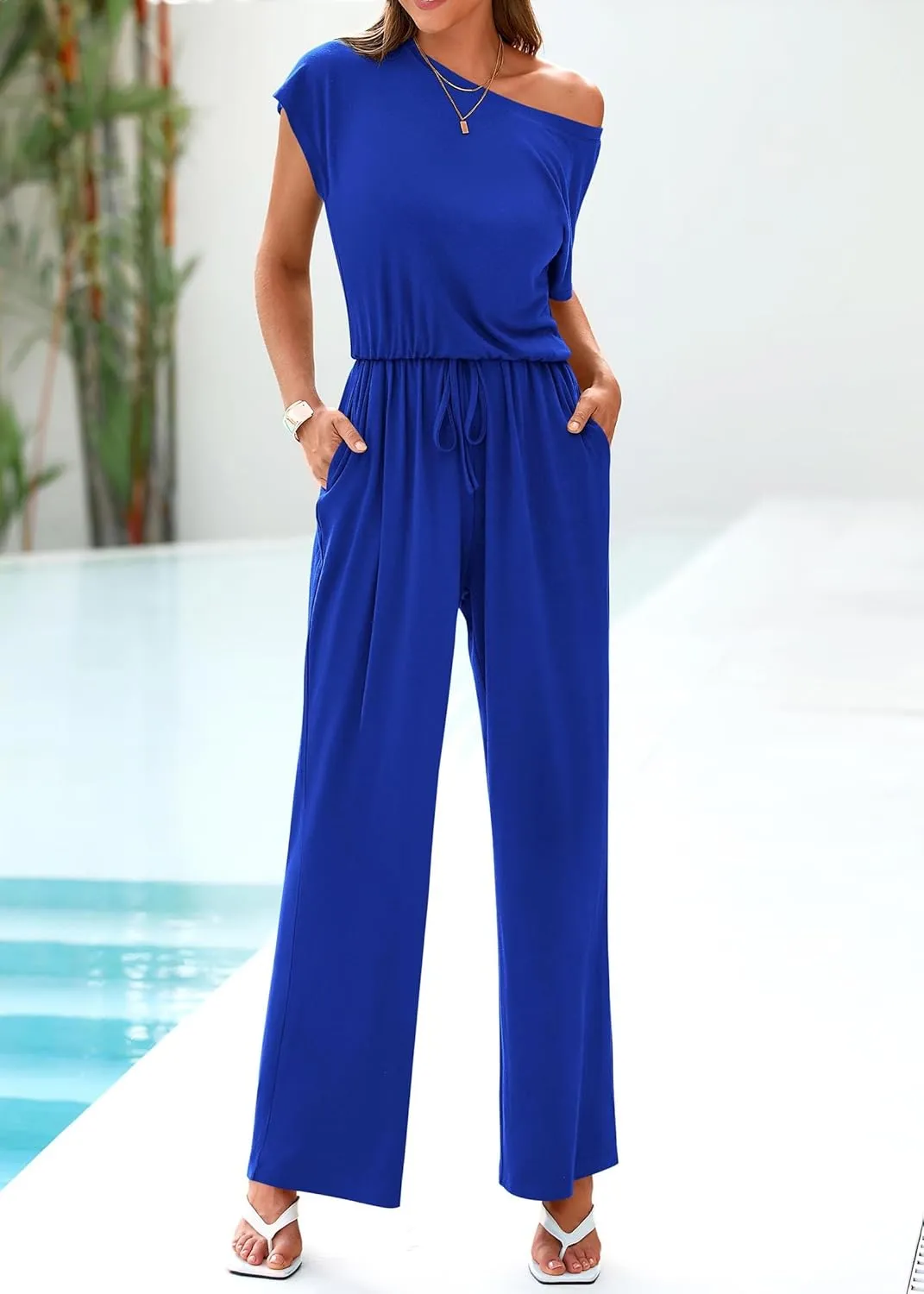 KIRUNDO Womens Jumpsuit 2025 Casual Summer Loose One Piece Off Shoulder Elastic Waist Wide Leg Long Romper with Pockets