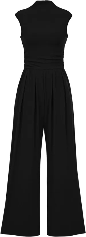 KIRUNDO Womens Jumpsuit Dressy Casual Summer Outfits One Piece Cap Sleeve Mock Neck Wide Leg Pants Rompers with Pockets