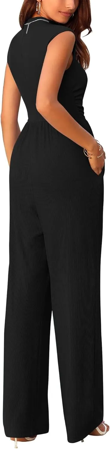KIRUNDO Womens Jumpsuit Dressy Casual Summer Outfits One Piece Cap Sleeve Mock Neck Wide Leg Pants Rompers with Pockets