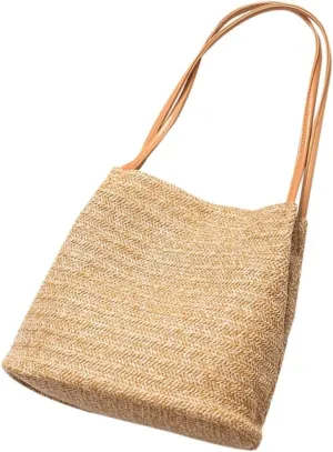 Knitted Shoulder Bag Handmade Straw Woven Tote Beach Bag Bucket Shape Ideal for Women (dark)