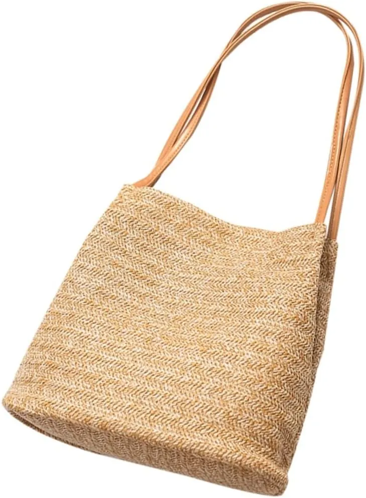 Knitted Shoulder Bag Handmade Straw Woven Tote Beach Bag Bucket Shape Ideal for Women (dark)