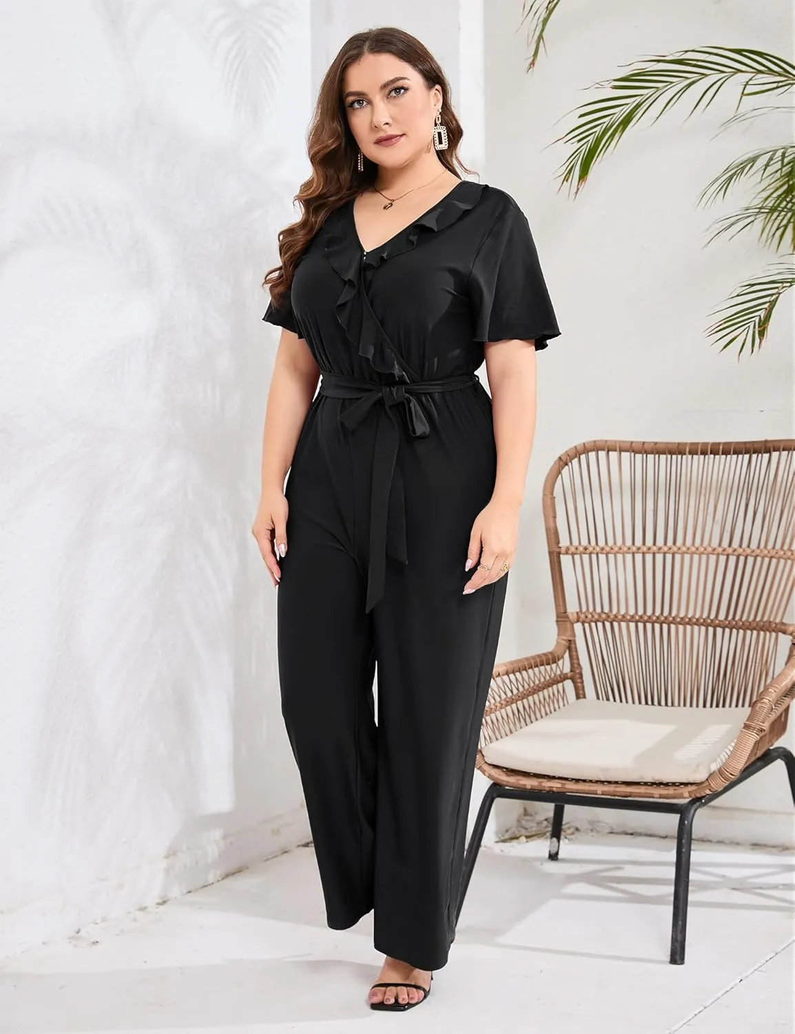 KOJOOIN Women Plus Size Ruffle V Neck Short Sleeve Wide Leg Jumpsuits Summer Casual Belted Rompers