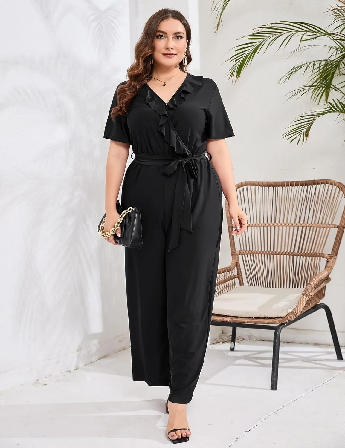 KOJOOIN Women Plus Size Ruffle V Neck Short Sleeve Wide Leg Jumpsuits Summer Casual Belted Rompers