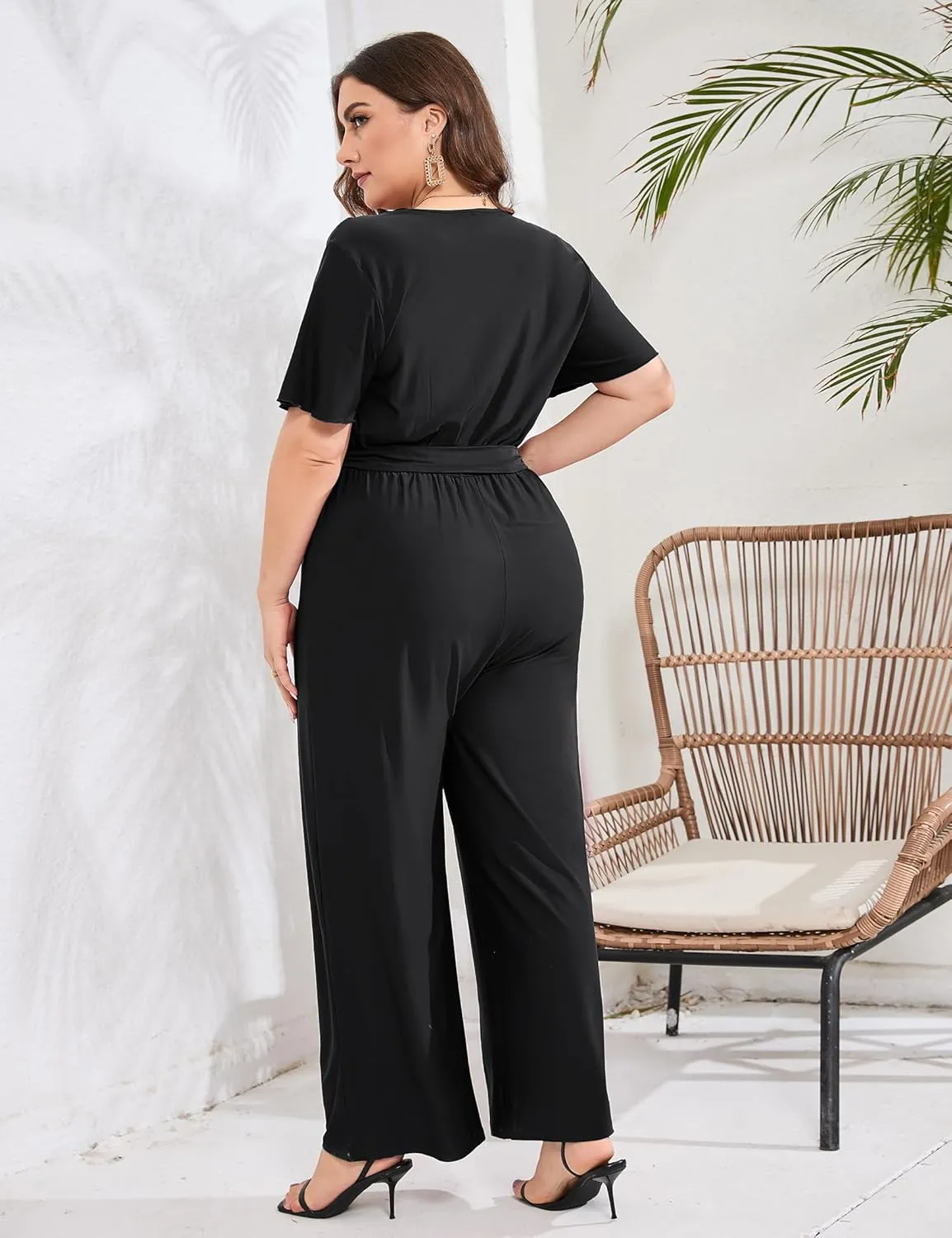 KOJOOIN Women Plus Size Ruffle V Neck Short Sleeve Wide Leg Jumpsuits Summer Casual Belted Rompers