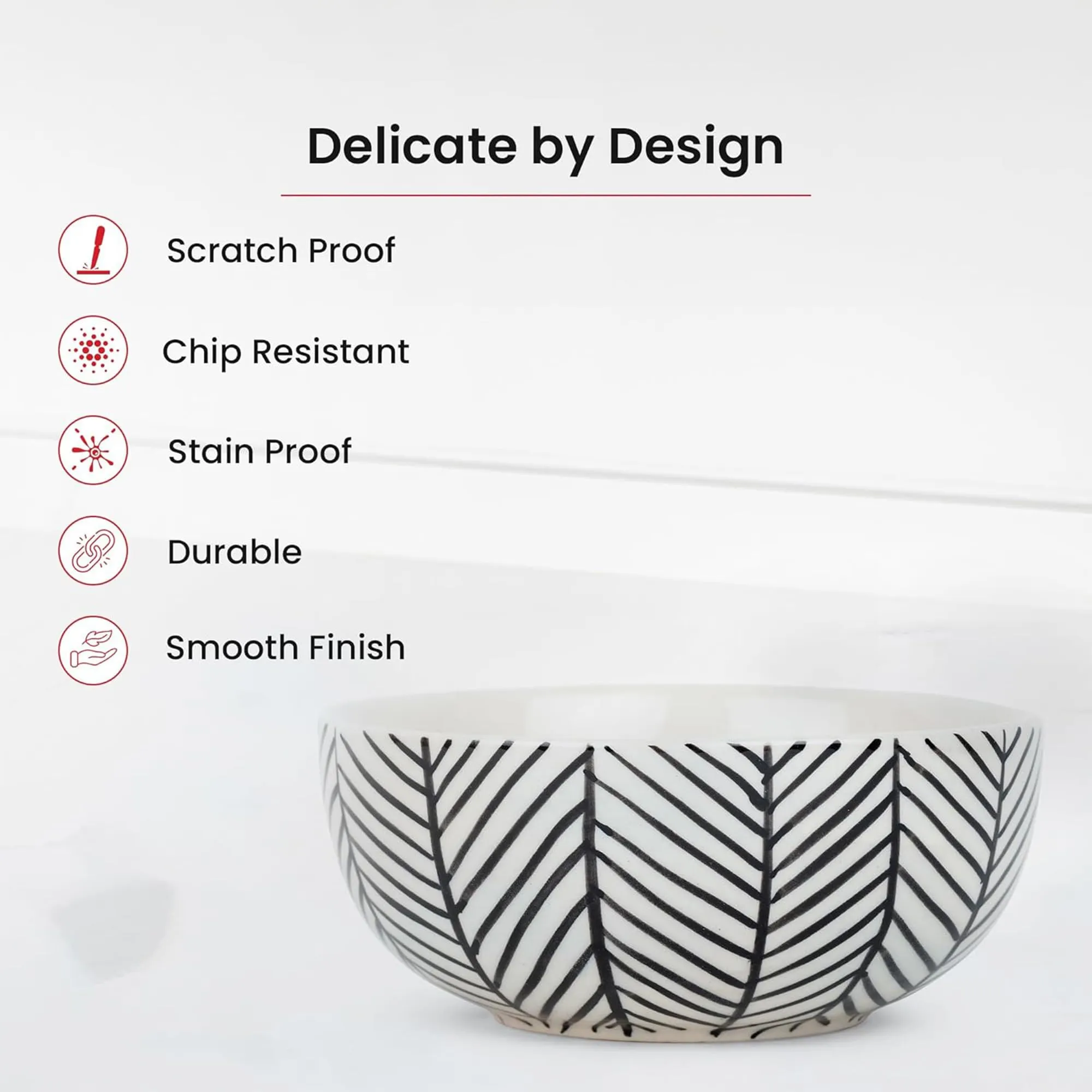 Kuber Industries Ceramic Food Bowl Set | Chini Mitti Bowl | Microwave, Dishwasher Safe Ceramic Bowl | Black Strips Print - White