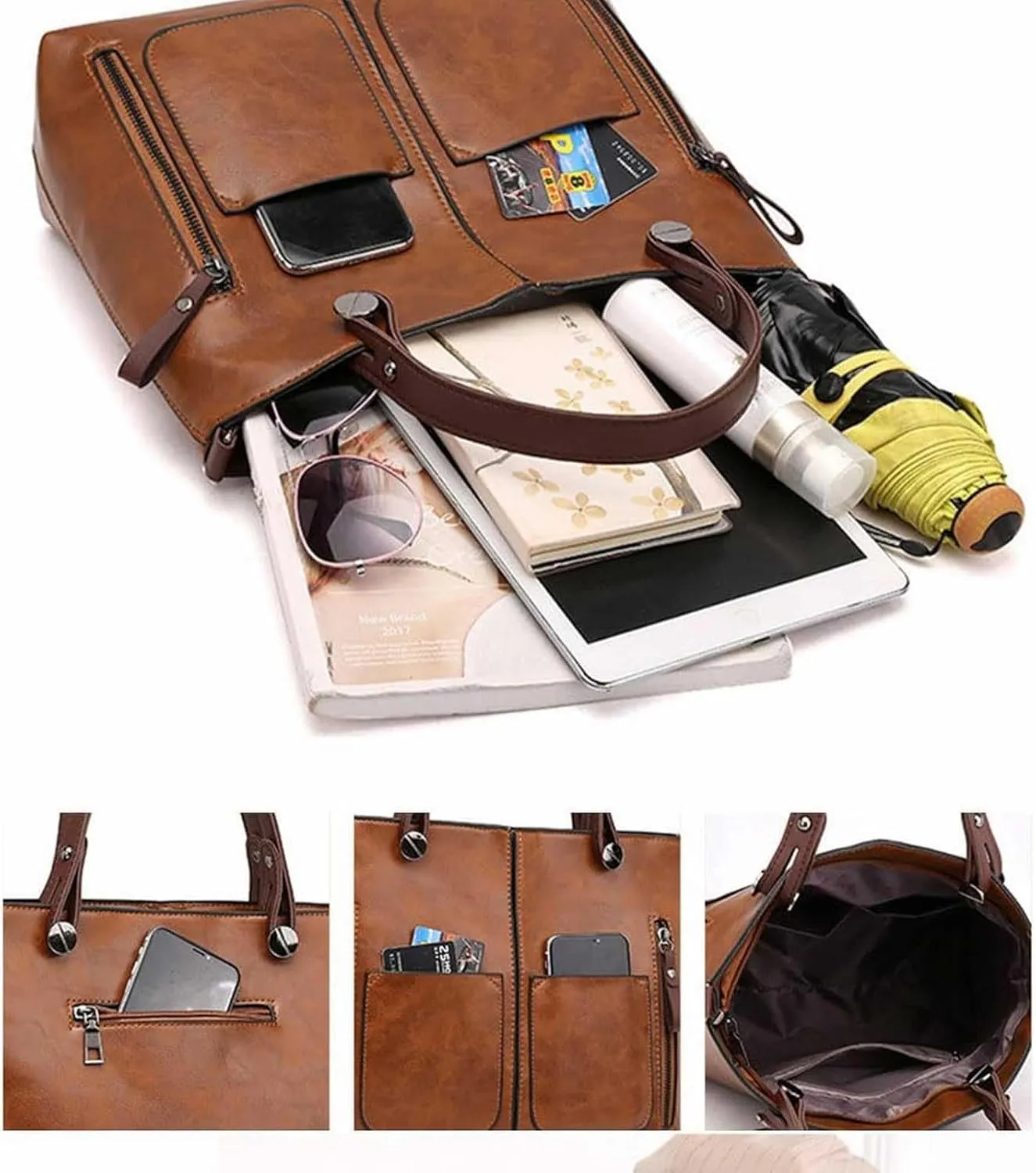 Ladies Vintage Leather Shoulder Bag Large Capacity Tote Bags Women Crossbody Bag Multi Pocket (Purple, One Size)