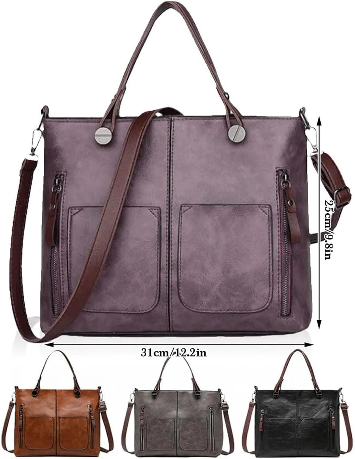 Ladies Vintage Leather Shoulder Bag Large Capacity Tote Bags Women Crossbody Bag Multi Pocket (Purple, One Size)
