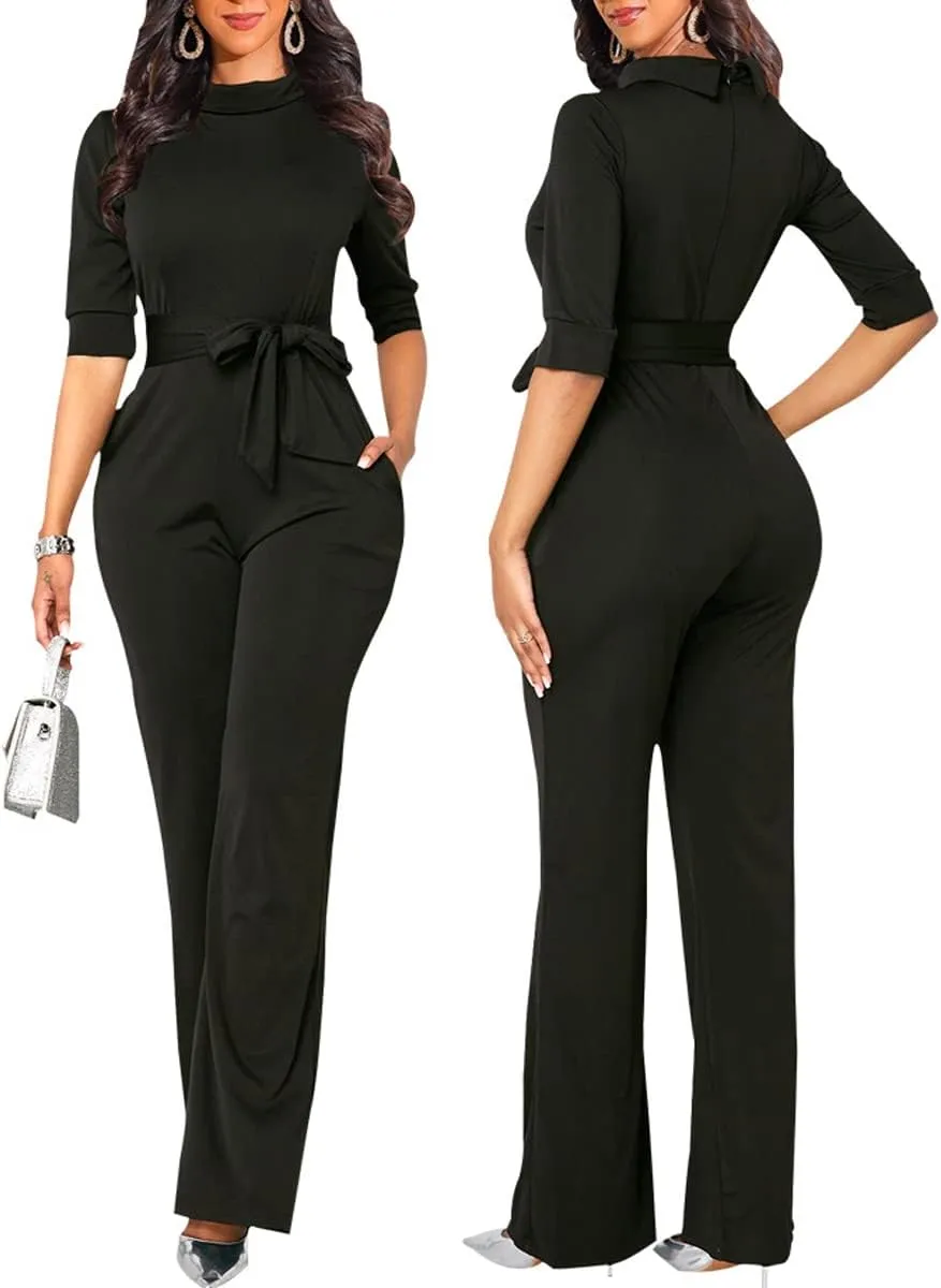 LaiyiVic Jumpsuits for Women Elegant Formal Turtle Neck Sexy One Piece Wide Leg Pants Rompers