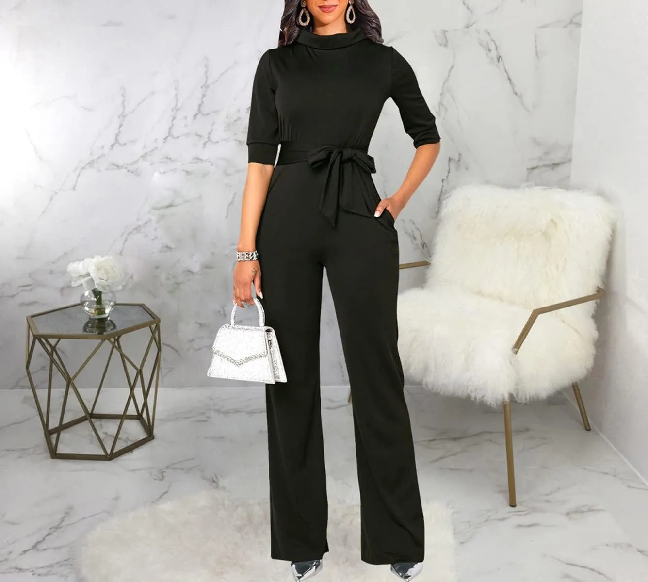 LaiyiVic Jumpsuits for Women Elegant Formal Turtle Neck Sexy One Piece Wide Leg Pants Rompers