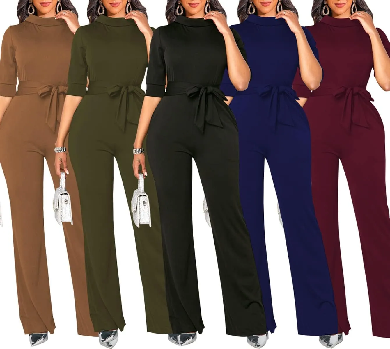 LaiyiVic Jumpsuits for Women Elegant Formal Turtle Neck Sexy One Piece Wide Leg Pants Rompers