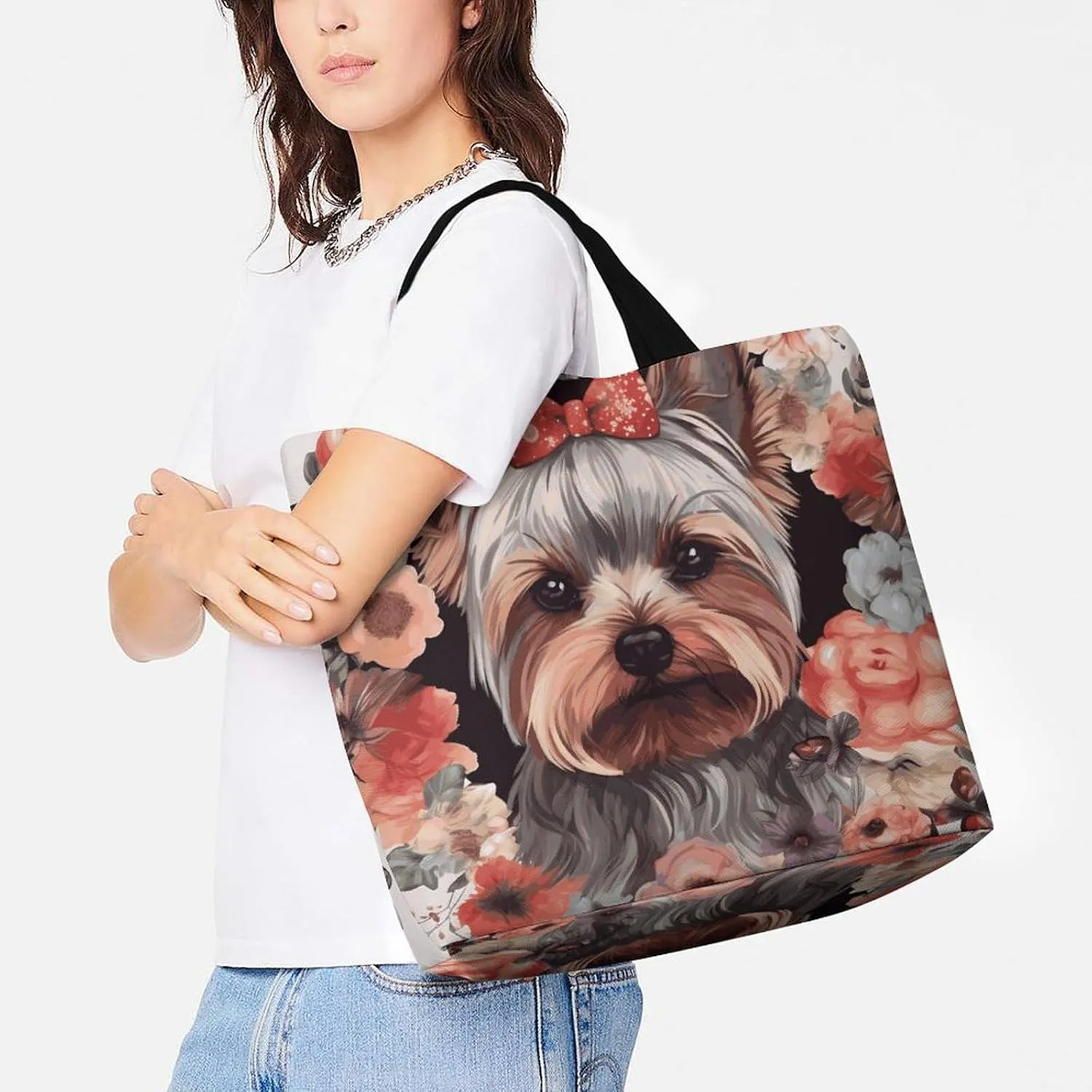 Large Capacity Shopping Bag Yellow Rose Canvas Grocery Bags Foldable Tote Bag