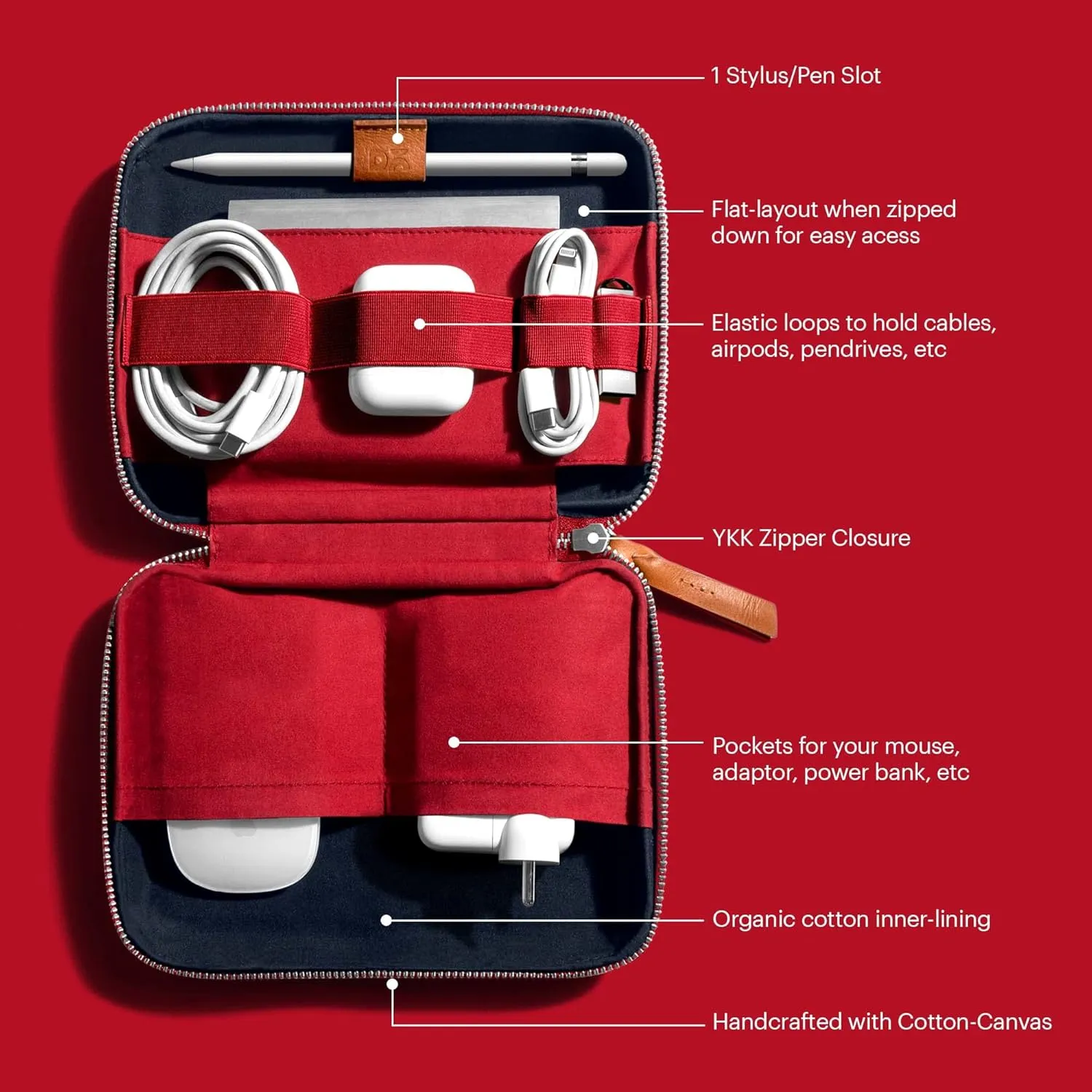 Large Travel Digital Accessories Storage Bag, Portable Gadget Organizer Case, Zippered Tech Kit Organizer Pouch - Red(Canvas)