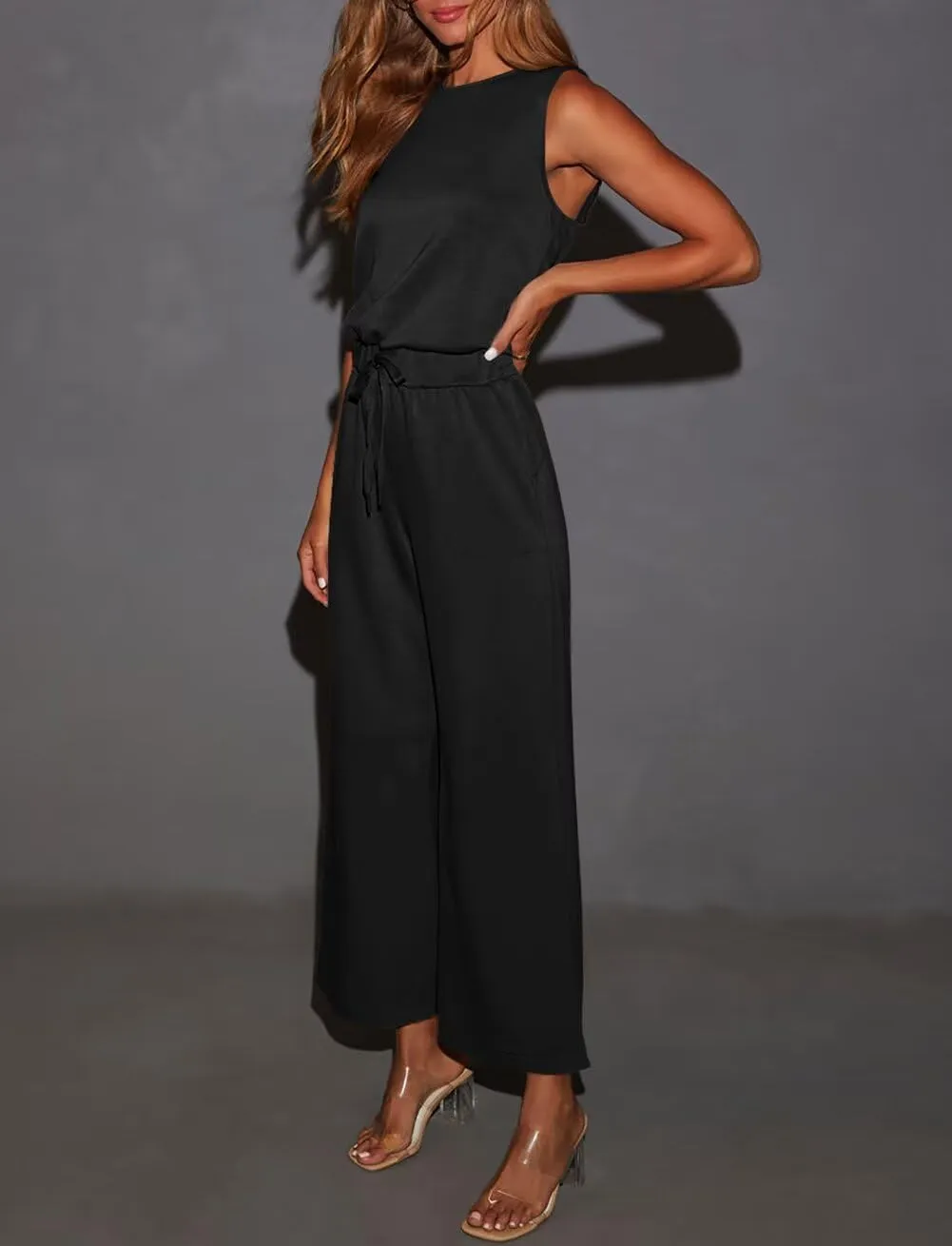 LEEDYA Womens Jumpsuits Dressy Summer Sleeveless Crewneck One Piece Jumpsuit Casual Wide Leg Long Pants Rompers 2025