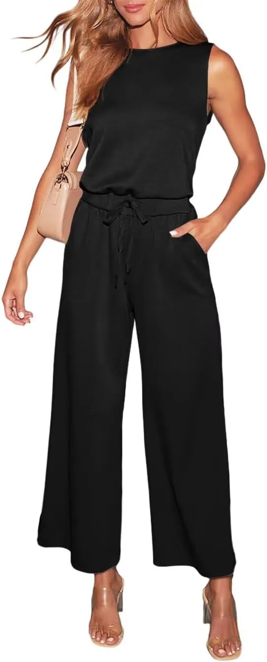 LEEDYA Womens Jumpsuits Dressy Summer Sleeveless Crewneck One Piece Jumpsuit Casual Wide Leg Long Pants Rompers 2025