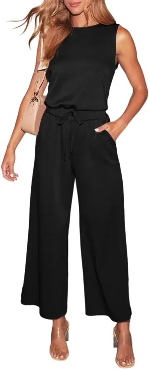 LEEDYA Womens Jumpsuits Dressy Summer Sleeveless Crewneck One Piece Jumpsuit Casual Wide Leg Long Pants Rompers 2025