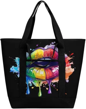 LGBT Gay Rainbow Lips Shopping Bags Insulated Lunch Bag Shoulder Grocery Bags for Work Travel Beach