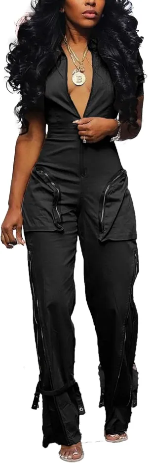 LKOUS Cargo Jumpsuits for Women Dressy, Sexy Short Sleeves V Neck Zipper One Piece Outfits with Pockets