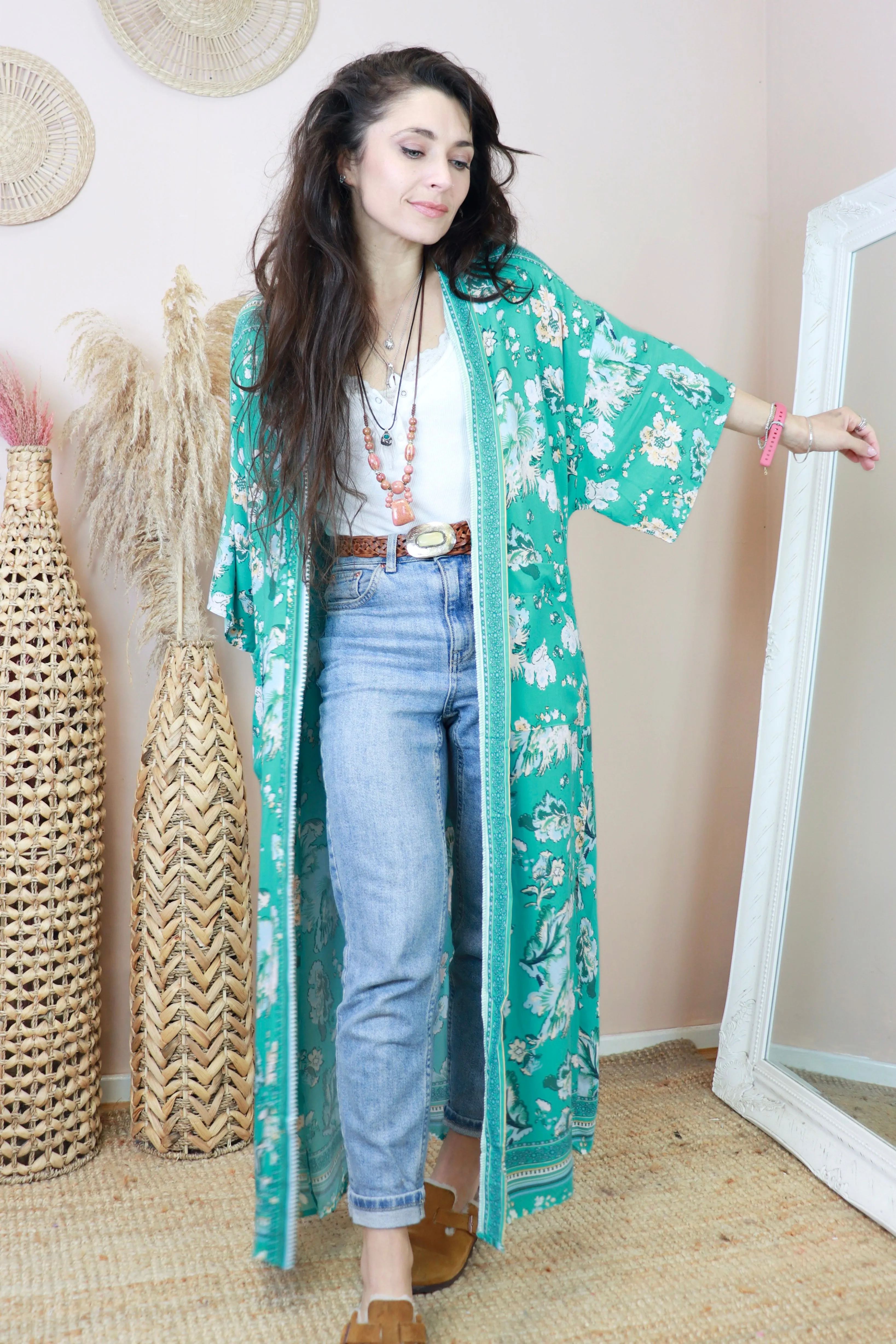 Long floral aqua kimono