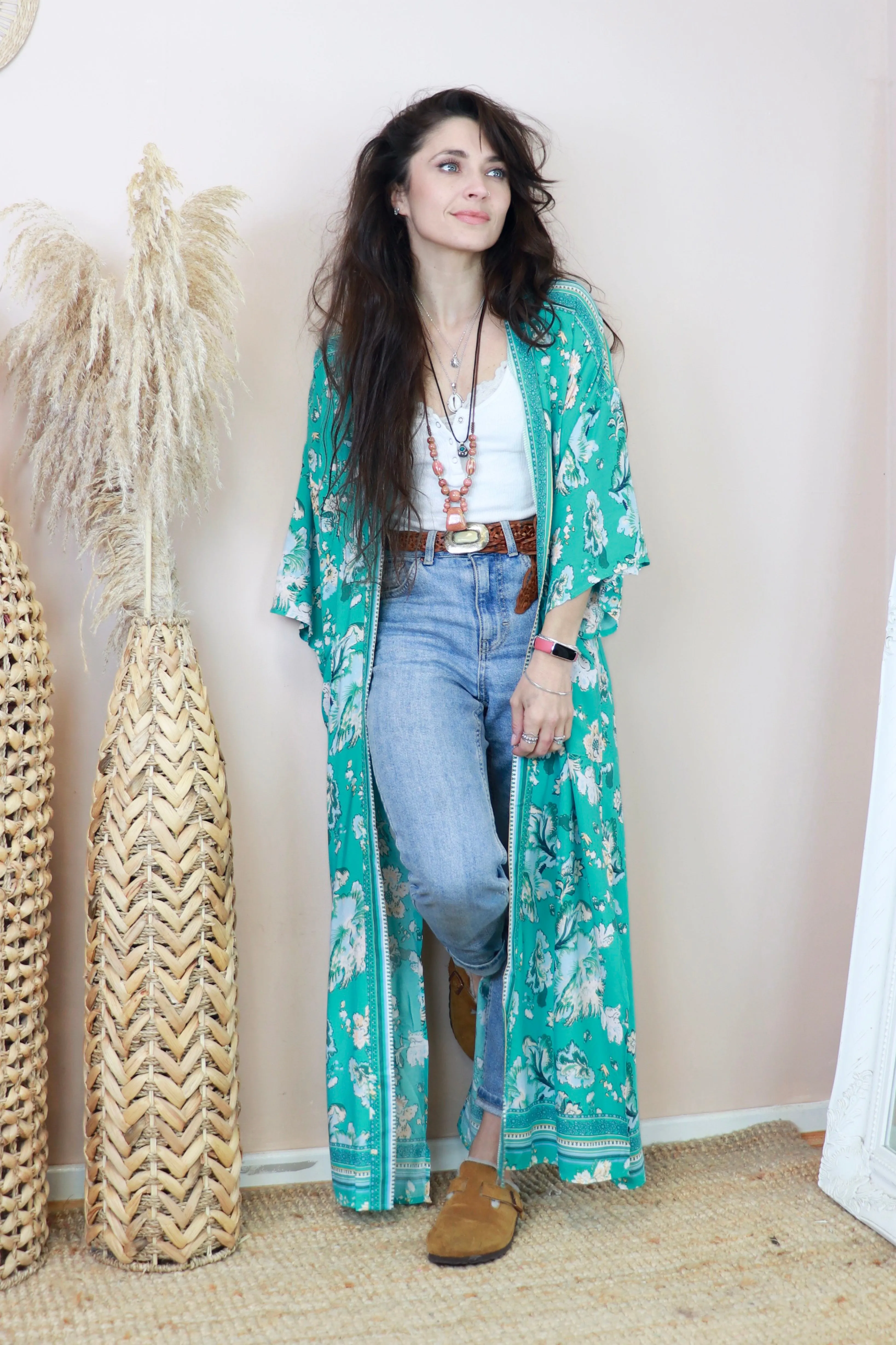 Long floral aqua kimono