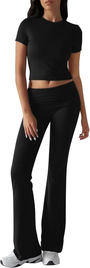 Lounge Sets for Women 2 Piece Foldover Yoga Leggings Pants Crop Tops Casual Y2K Outfits Matching Tracksuit Set