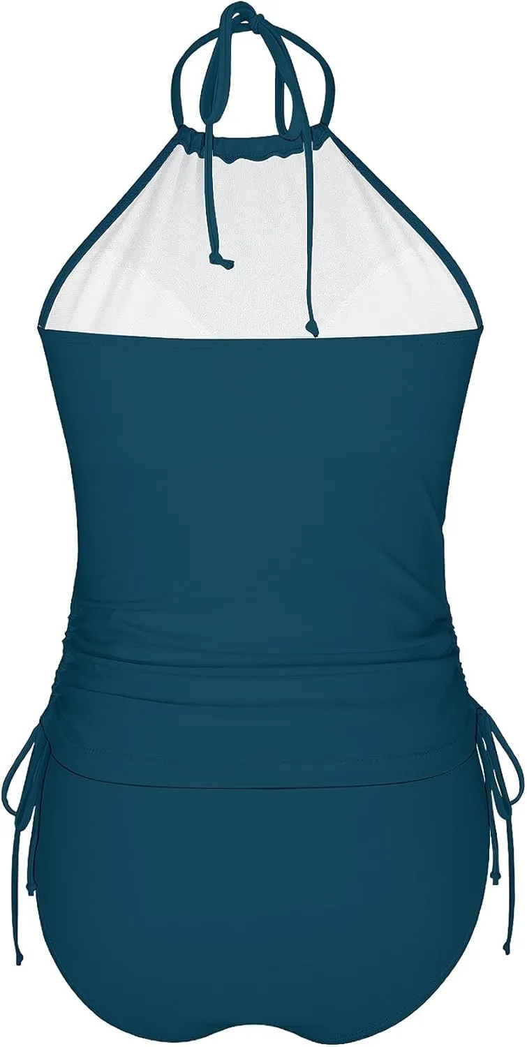 LVZIJUN Women's Tankini Sets Two Piece Bathing Suits Halter Neck Tummy Conrol Tankini Swimsuits Solid Color Thong Bottom