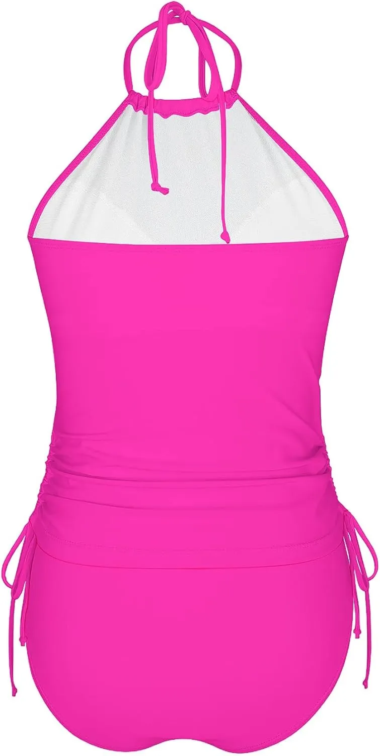 LVZIJUN Women's Tankini Sets Two Piece Bathing Suits Halter Neck Tummy Conrol Tankini Swimsuits Solid Color Thong Bottom