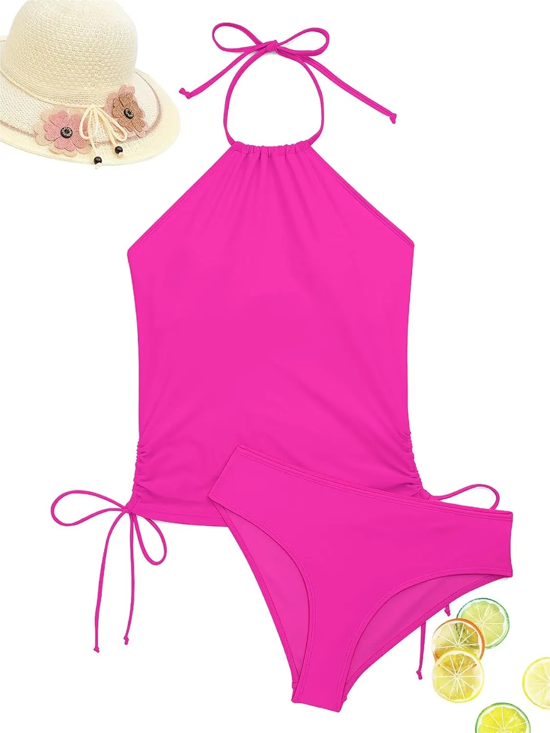 LVZIJUN Women's Tankini Sets Two Piece Bathing Suits Halter Neck Tummy Conrol Tankini Swimsuits Solid Color Thong Bottom