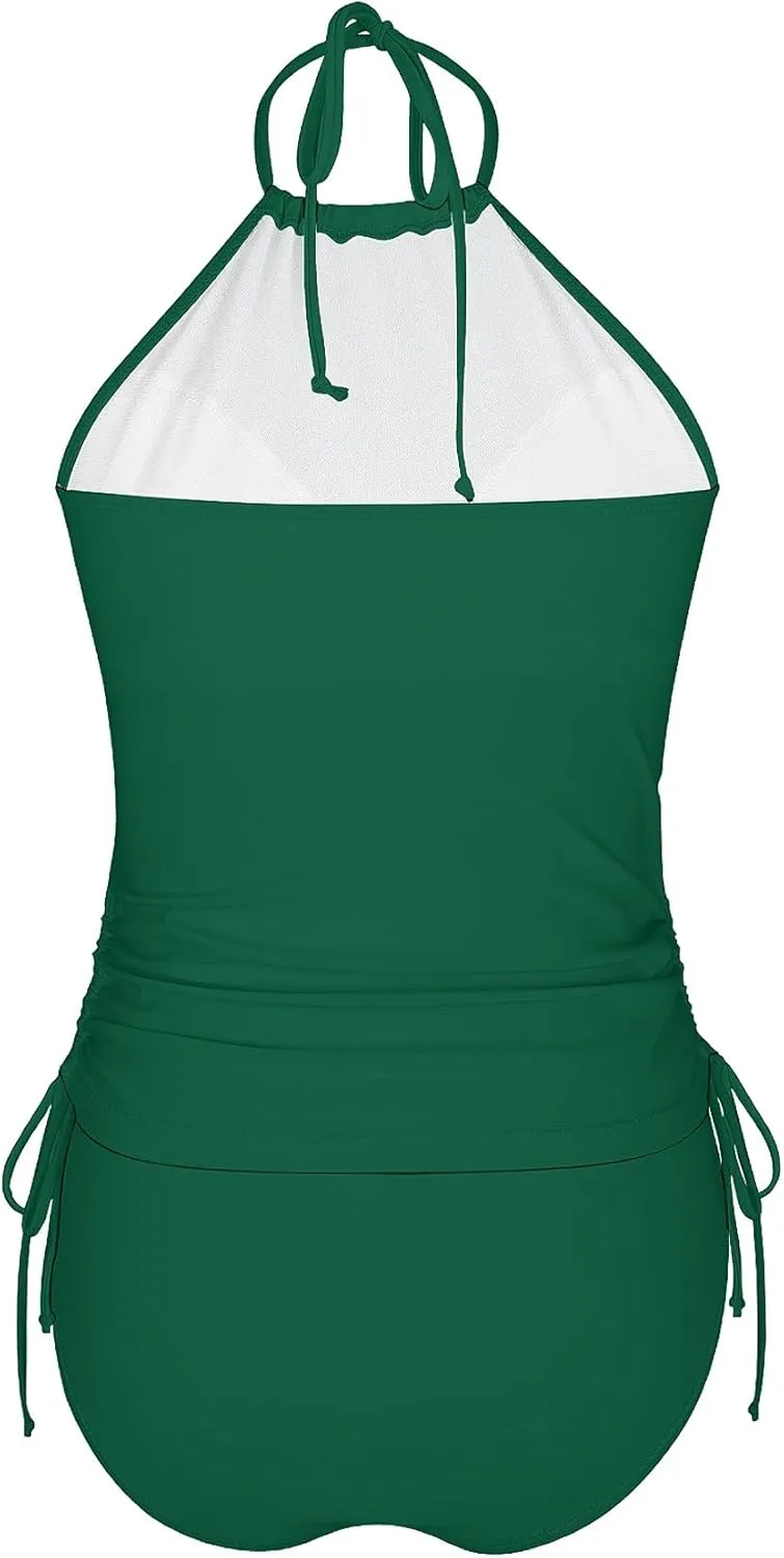 LVZIJUN Women's Tankini Sets Two Piece Bathing Suits Halter Neck Tummy Conrol Tankini Swimsuits Solid Color Thong Bottom