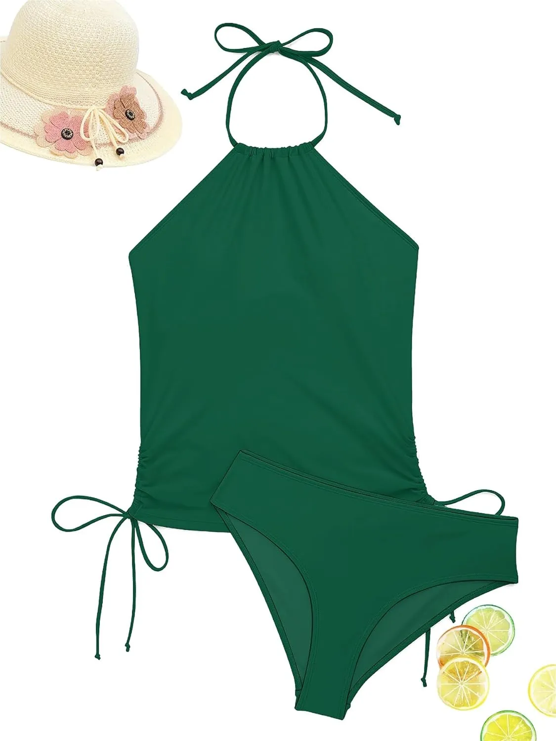 LVZIJUN Women's Tankini Sets Two Piece Bathing Suits Halter Neck Tummy Conrol Tankini Swimsuits Solid Color Thong Bottom