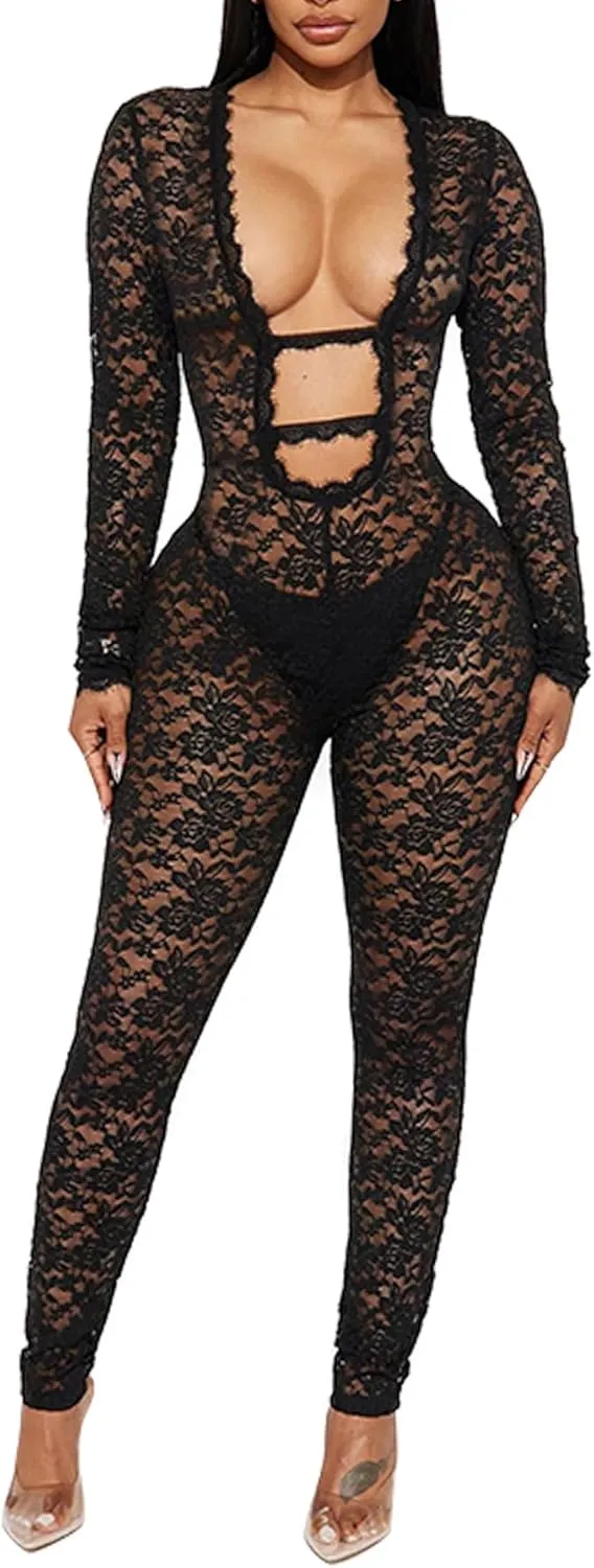 magorange Women Sexy Lace See Through Bodycon Jumpsuits Deep V Neck Long Sleeve One Piece Romper Club Outfits