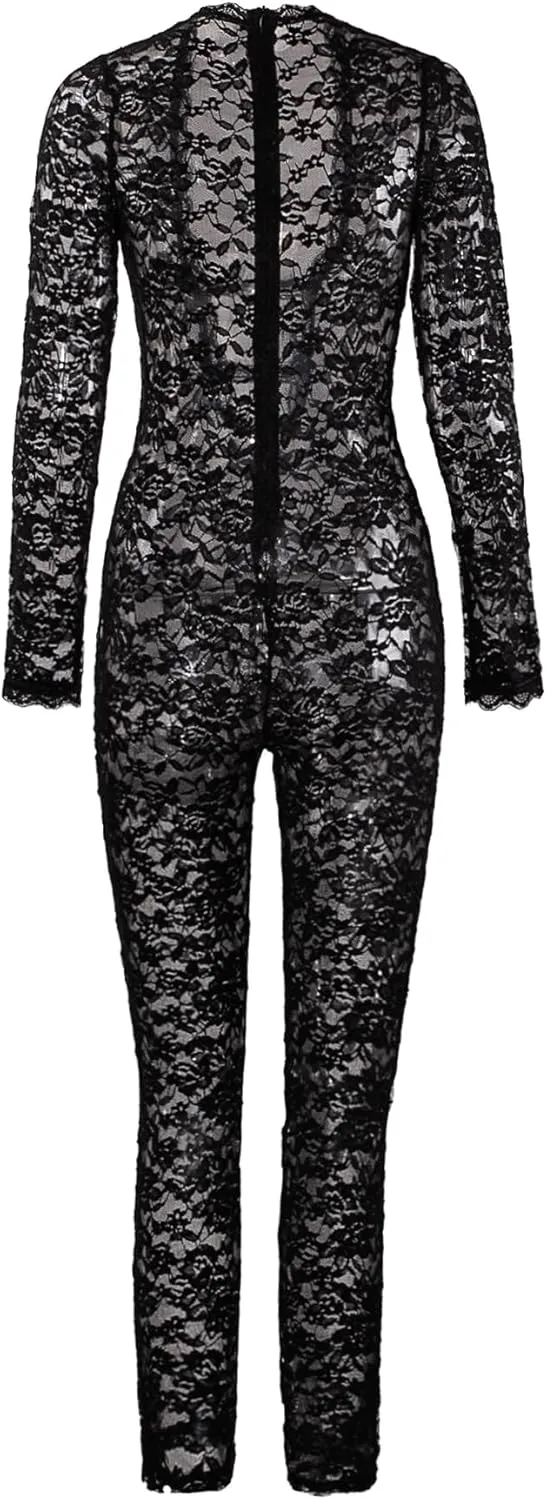 magorange Women Sexy Lace See Through Bodycon Jumpsuits Deep V Neck Long Sleeve One Piece Romper Club Outfits