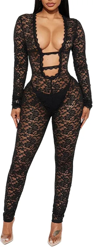 magorange Women Sexy Lace See Through Bodycon Jumpsuits Deep V Neck Long Sleeve One Piece Romper Club Outfits