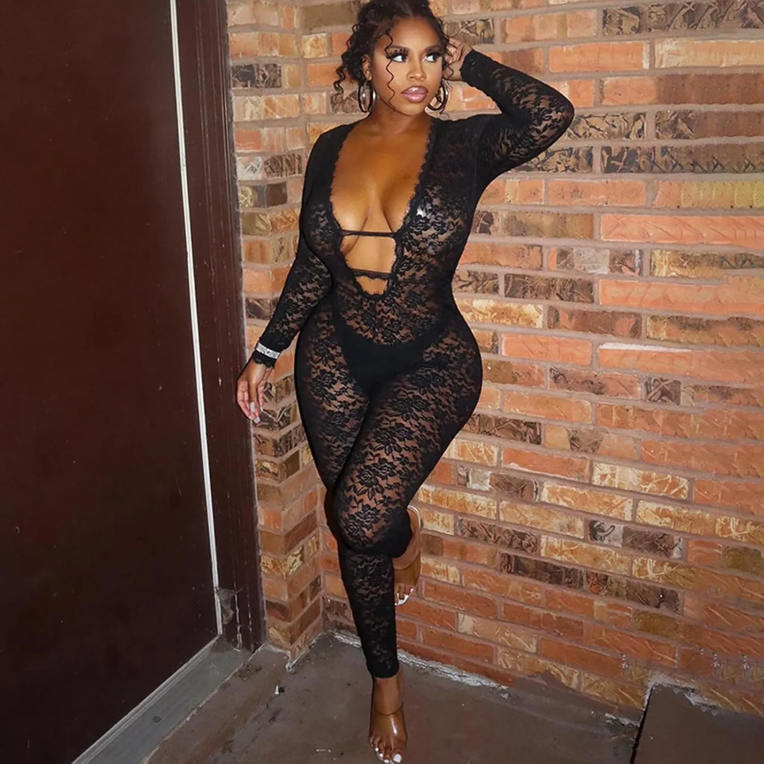 magorange Women Sexy Lace See Through Bodycon Jumpsuits Deep V Neck Long Sleeve One Piece Romper Club Outfits