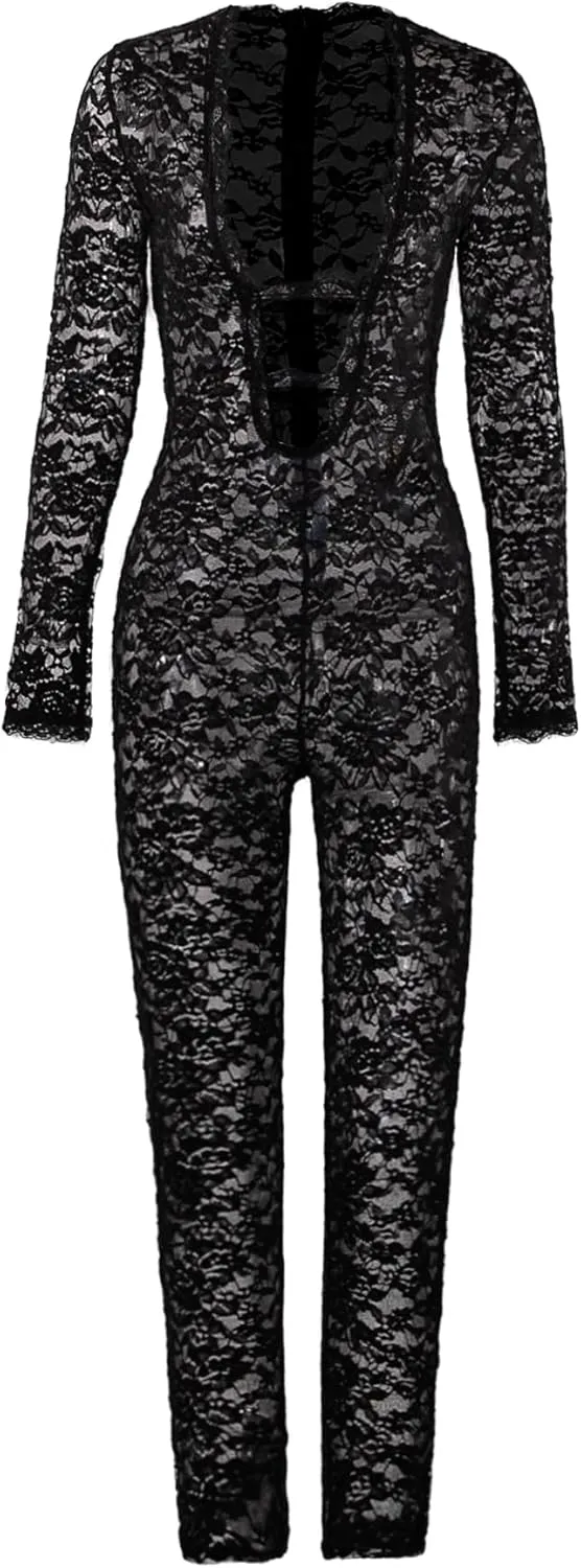 magorange Women Sexy Lace See Through Bodycon Jumpsuits Deep V Neck Long Sleeve One Piece Romper Club Outfits