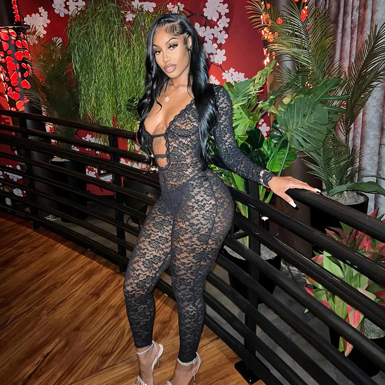 magorange Women Sexy Lace See Through Bodycon Jumpsuits Deep V Neck Long Sleeve One Piece Romper Club Outfits